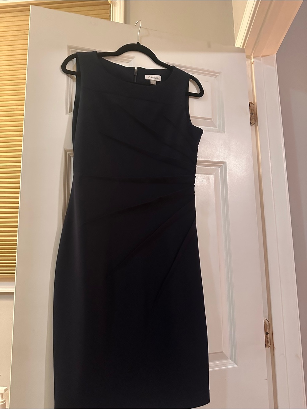Calvin Klein Navy Blue Sleeveless Sheath Dress with Pleated Waist Detail